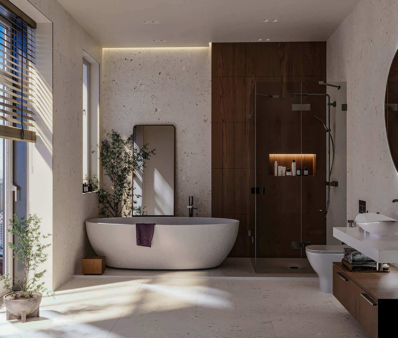 Antrasit duvarlı, serbest duran küvetli modern banyo